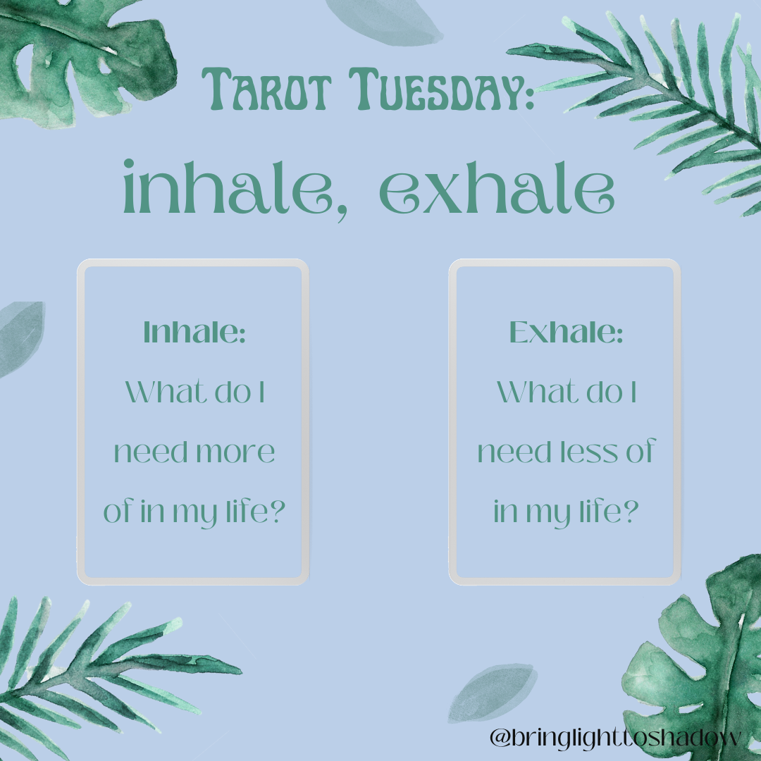 Image features soft green text on a smoky blue background. The header reads “Tarot Tuesday: Inhale, Exhale”. Below are two rectangular card outlines, each containing text. The left card reads “Inhale: What do I need more of in my life?” and the right reads “Exhale: What do I need less of in my life?”. Monstera and other leaves adorn the border of the image.